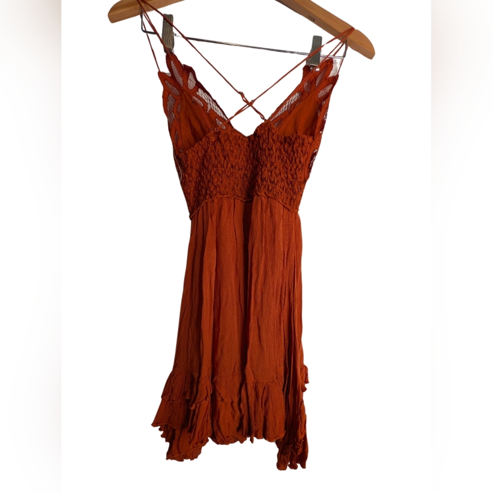 Intimately Free People Adella Ochre Dress. Asymmetrical Hem. Lace Detailing - Picture 3 of 15